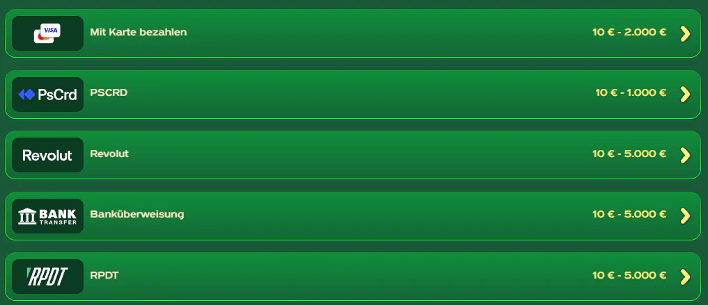 Greenluck Casino – Einzahlungsmethoden mit Visa, Mastercard, PsCrd, Revolut, Banküberweisung und RPDT sowie Einzahlungslimits von 10 € bis 5.000 €.