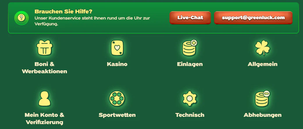 Greenluck Casino – Kundenservice mit 24/7 Live-Chat, E-Mail-Support und Hilfebereichen für Boni, Einzahlungen, Auszahlungen und Verifizierung.