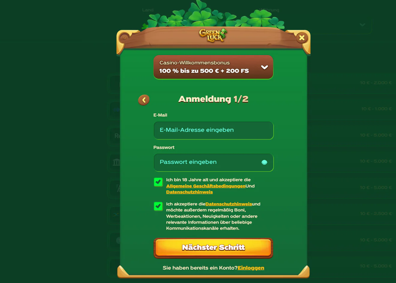 Greenluck Casino – Registrierungsformular mit E-Mail-Adresse, Passwort und Willkommensbonus von 100 % bis zu 500 € plus 200 Freispielen